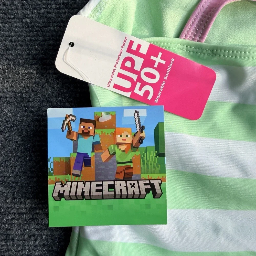 NWT Minecraft Girls One Piece Swimsuit Bathing Suit Stripes UPF 50+ Green M 7/8